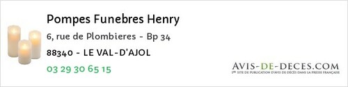 Avis de décès - Herpelmont - Pompes Funebres Henry