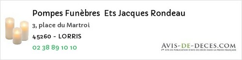 Avis de décès - Artenay - Pompes Funèbres Ets Jacques Rondeau