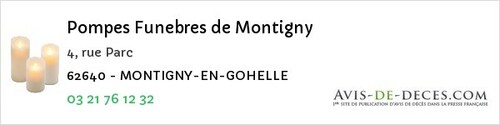 Avis de décès - Warlencourt-Eaucourt - Pompes Funebres de Montigny