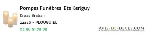 Avis de décès - Saint-Fiacre - Pompes Funèbres Ets Keriguy