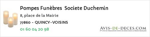 Avis de décès - Croissy-Beaubourg - Pompes Funèbres Societe Duchemin