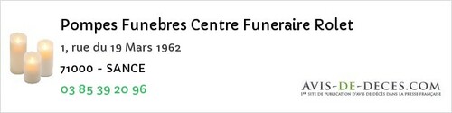 Avis de décès - Lays-Sur-Le-Doubs - Pompes Funebres Centre Funeraire Rolet