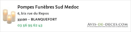 Avis de décès - Saint-Aubin-De-Médoc - Pompes Funèbres Sud Medoc