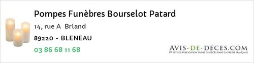 Avis de décès - Santigny - Pompes Funèbres Bourselot Patard