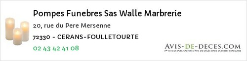 Avis de décès - Vallon-sur-Gée - Pompes Funebres Sas Walle Marbrerie