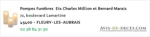 Avis de décès - Rouvray-Sainte-Croix - Pompes Funèbres Ets Charles Million et Bernard Marais