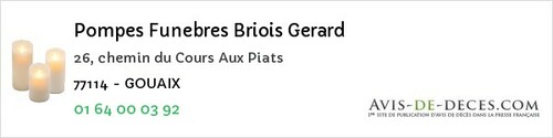 Avis de décès - Bourron-Marlotte - Pompes Funebres Briois Gerard